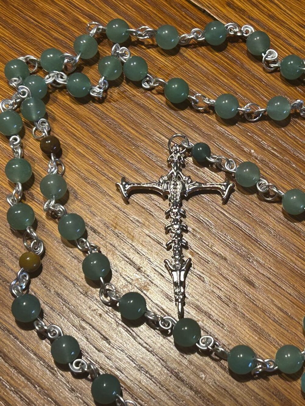 Handmade Rosary with Green Glass Beads and Skeleton Cross